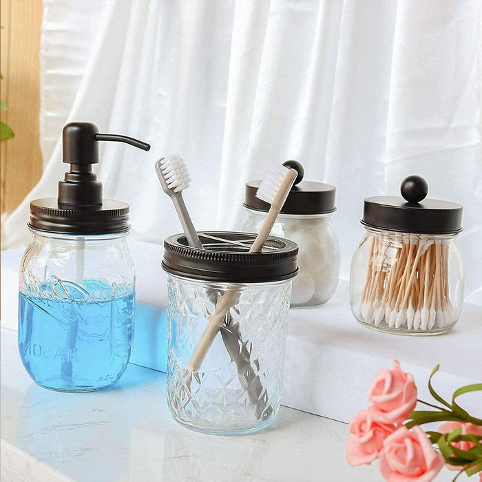 Set of 4 Mason Jar Bathroom Accessories - Clear Mason Jar Soap Dispenser&2 Apothecary Jars & Toothbrush Holder - Bathroom Home Decor Clearance, Countertop Vanity Organizer