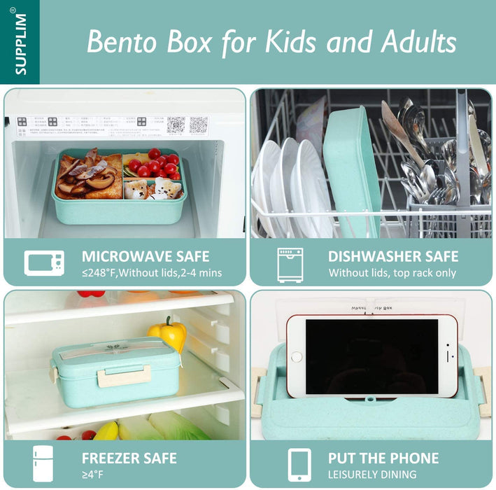 Bento Box for Kids Adults Lunch Box with 3 Compartment,Wheat Fiber Leak Proof Food Container with Spoon & Fork,1200Ml Lunch Boxes Containers for Men Women (Model2-Blue)