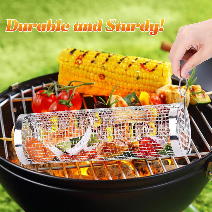 Rolling Grill Baskets for Outdoor Grilling : 2 Pcs Stainless Steel Grill Mesh, Rolling Grill Baskets for Outdoor Grill, Portable Grill Nets Cylinder for Shrimp, Meat Barbecue Camping Picnic with Forks