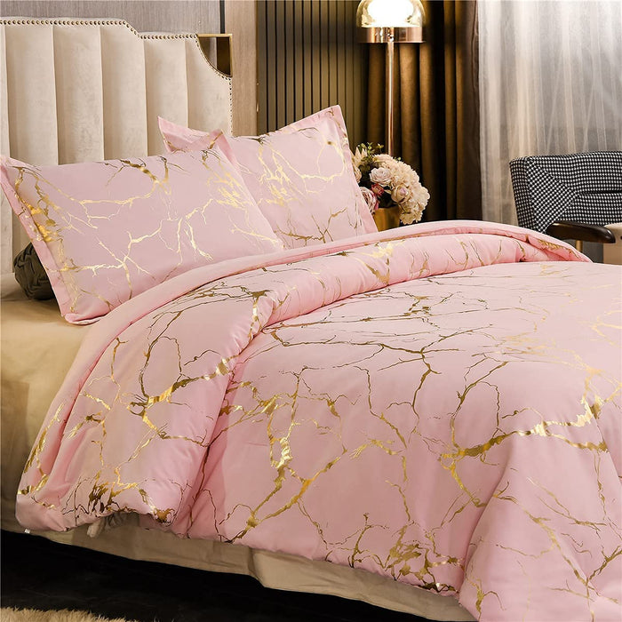 Gold Metallic Marble Comforter Set Queen Size Foil Print Glittering Bedding Sets, Blush/Gold, Queen
