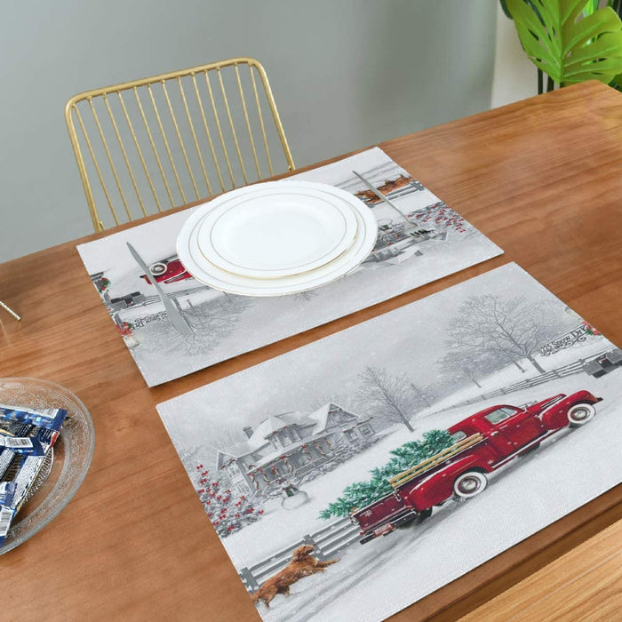Pfrewn Winter Red Truck Dog Snow Placemats Set of 6 Table Mat Christmas Snowflake Place Mat Double-Sided Print 12" X 18" Dining Home Kitchen Xmas Table Decoration