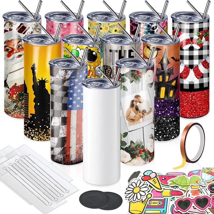 1 Pack 20 Oz Sublimation Tumbler Skinny Straight Double Walled Stainless Steel Blank Tumbler Bulk with Lid, Shrink Wrap, Rubber Base
