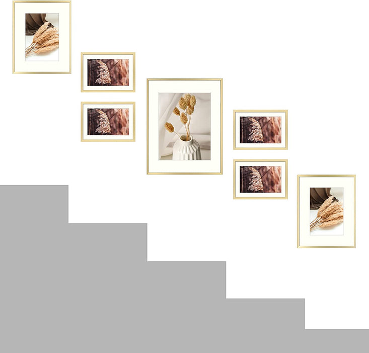 , 7 Pack Frames for One 11X14, Two 8X10, and Four 5X7 Pictures. Aluminum Photos Frame for Wall or Tabletop Display (Gold)