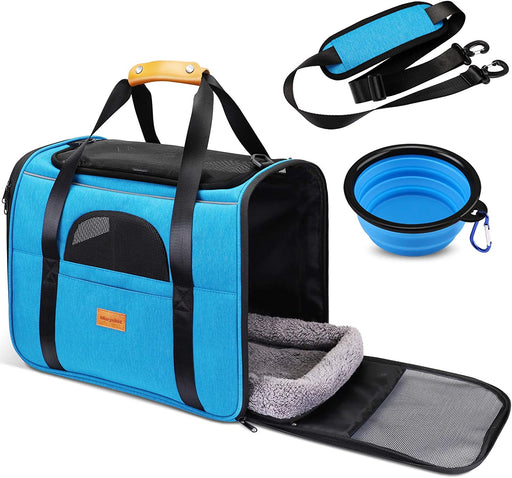 Dog Carrier  Cat Carrier Pet Travel Carrier Bag Airline Approved Folding Fabric Pet Carrier for Small Dogs Puppies Medium Cats, W/Locking Safety Zippers, Foldable Bowl