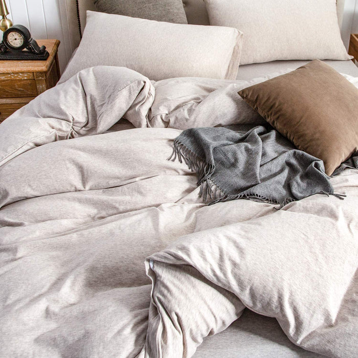 Jersey Knit Duvet Cover Set 100% T-Shirt Cotton Super Soft Comfy 3Pc Bedding Set with Zipper Closure (Heather Beige, King)