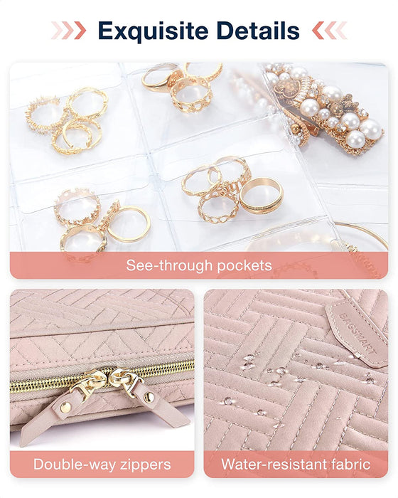 Jewelry Travel Organizer Case Transparent Jewelry Storage Book Ring Binder Jewelry Bags Clear Booklet Zipper Pouch Bag for Necklaces, Earrings, Rings, Bracelets, Pink