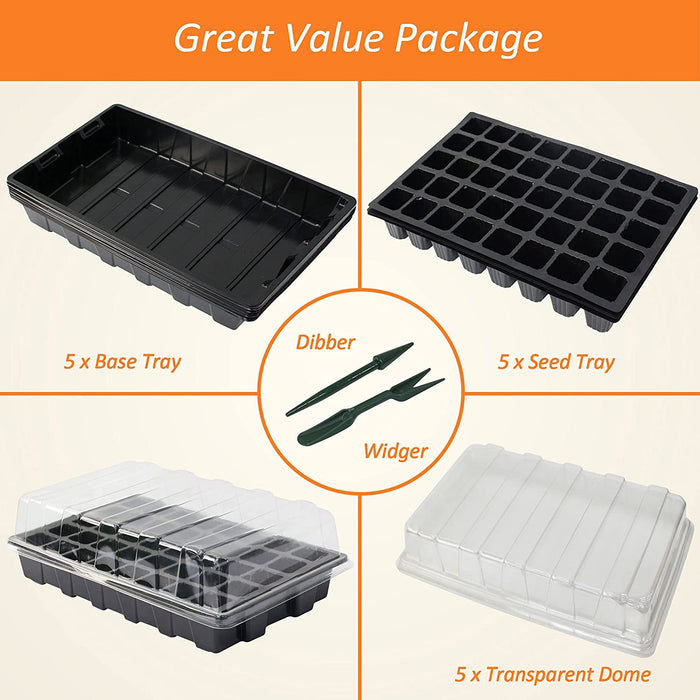 Gardzen 5-Set Garden Propagator Set, Seed Tray Kits with 200-Cell, Seed Starter Tray with Dome and Base 15" X 9" (40-Cell per Tray)