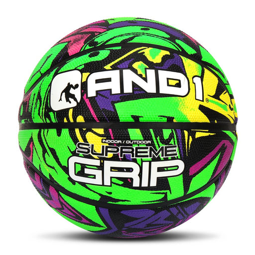 AND1 Supreme Grip Spongetech Rubber Basketball- Regulation Size Streetball (29.5"), Made for Indoor and Outdoor Basketball Games (Green/Purple)