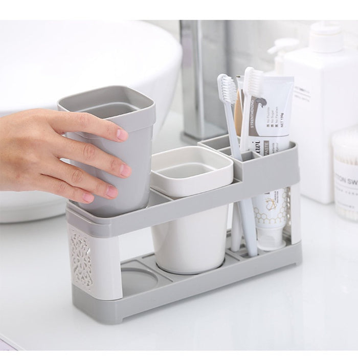 Toothbrush Toothpaste Stand Holder with 2 Cups Bathroom Storage Organizer Plastic White