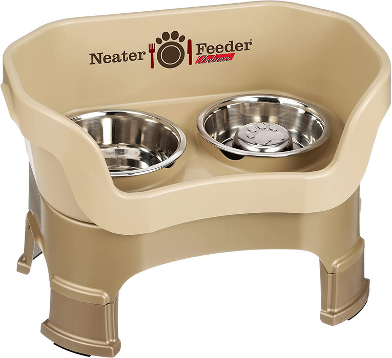 Neater Feeder Deluxe with Leg Extensions for Small Dogs - Mess Proof Pet Feeder with Stainless Steel Food & Water Bowls - Drip Proof, Non-Tip, and Non-Slip - Gunmetal Grey