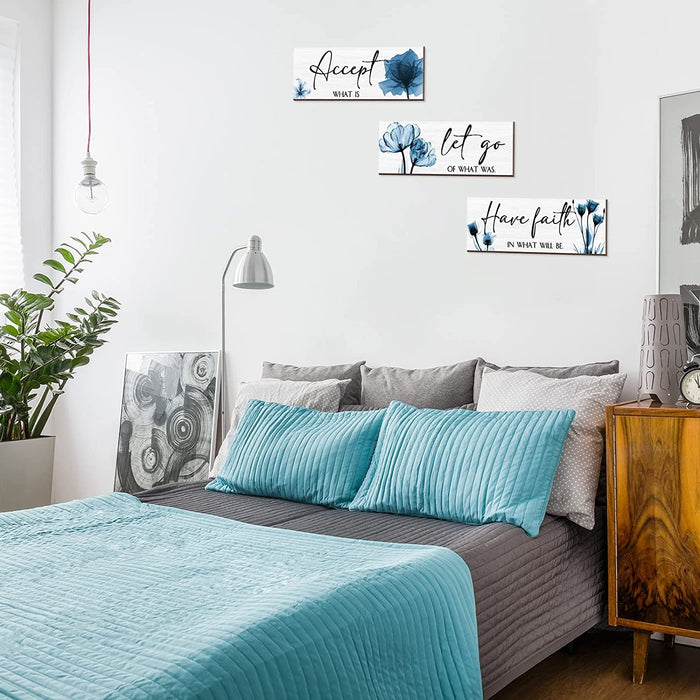 3 Pcs Rustic Flower Wall Art Accept Let Go Have Faith Bedroom Wall Decor Wooden Inspirational Quotes Decorations for Living Room Bathroom Wood Hanging Farmhouse Bedroom Art, 12 X 4 Inches (Blue)