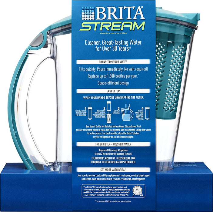 Large Water Filter Pitcher for Tap and Drinking Water with 1 Stream Filter, Lasts 2 Months, 10-Cup Capacity, BPA Free, Lake Blue