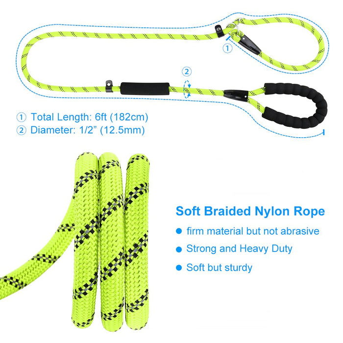 Slip Lead Dog Leash, Anti-Choking with Traffic Padded Two Handles, Reflective Strong Sturdy Heavy Duty Rope Leash, 6FT Dog Training Leash for Medium Large Dogs(6' Green)