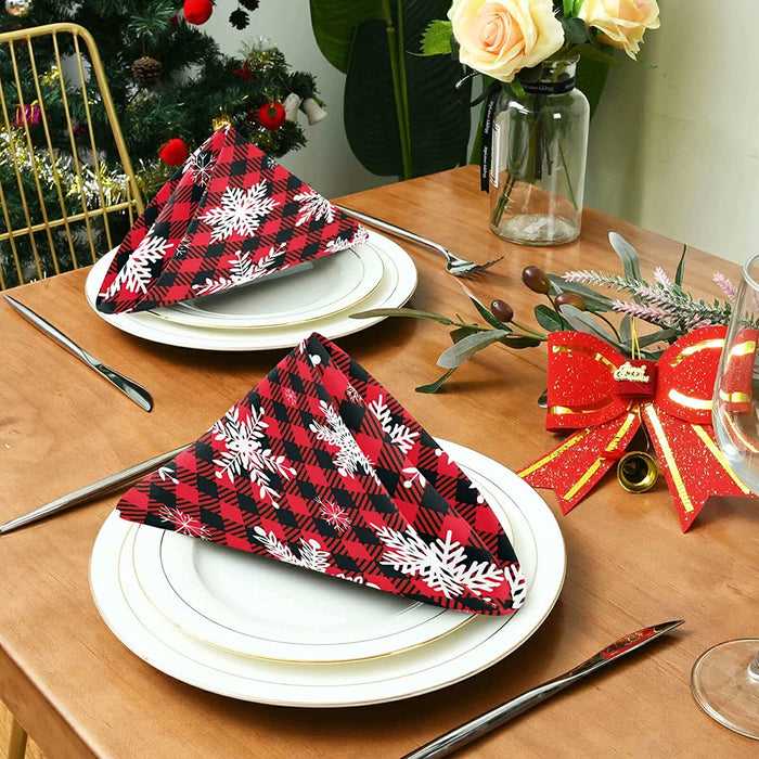 Wusikd Snowflakes Buffalo Plaid Cloth Napkins Set of 6 Winter Christmas Dinner Napkins Solid Washable Reusable Polyester Table Napkins Oversized 20"X20" with Hemmed Edges for Home Weeding Decoration