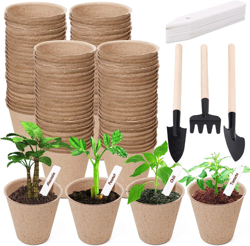 3” Peat Pots Seedling Pots Plant Starters Bulk 100 Pack Seed Starter Pots Biodegradable Kits with 100 Pcs Plant Labels, 3 Pcs Mini Seedling Tools for Garden Germination Nursery Pot