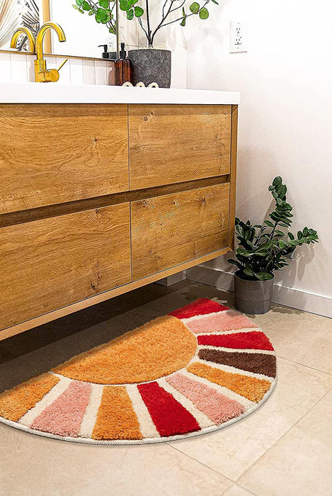 Boho Bathroom Rugs Half Circle Bath Mat Cute Bohemian Bath Rug for Bedroom Small Carpet Home Decor Non-Slip Semi round Shower Rug Funny Washable Indoor Floor Door Mat Sun Retro 16X30Inch