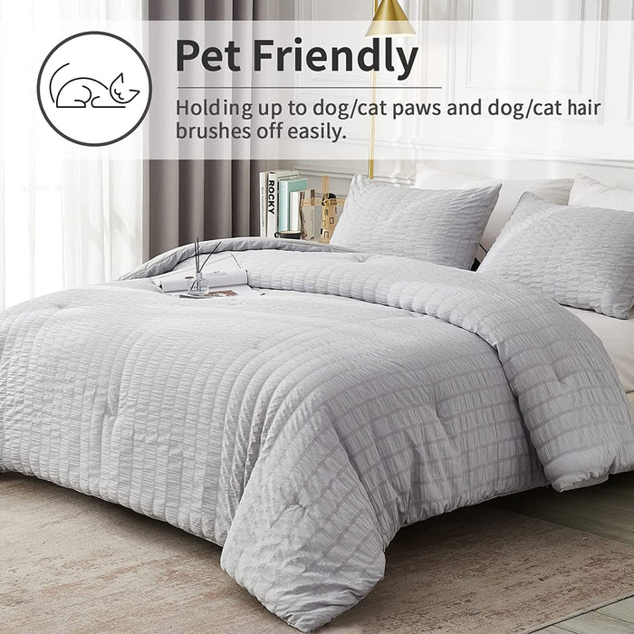 Seersucker Queen Comforter Set (90X90 Inches), 3 Pieces - 100% Soft Washed Microfiber Lightweight Comforter with 2 Pillowcases, All Season down Alternative Comforter Set for Bedding, Light Gray