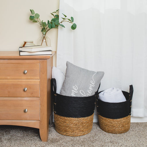 Set of 2 Natural round Storage Basket, Braided Seagrass & Paper Rope (MD+SM), Natural & Black