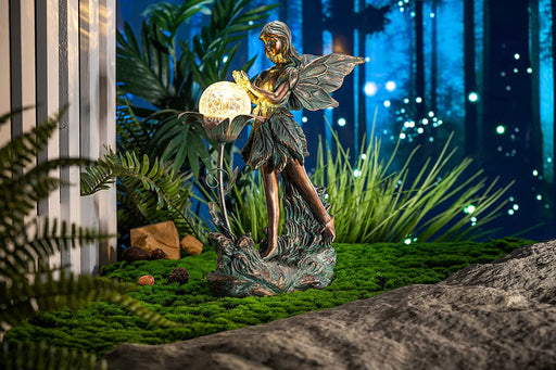 Large Garden Fairy Outdoor Statue, Solar Garden Sculptures & Statues with Crackle Glass Globe, Bronze Patina Garden Art for Lawn Patio Yard Decor 13.2 Inch