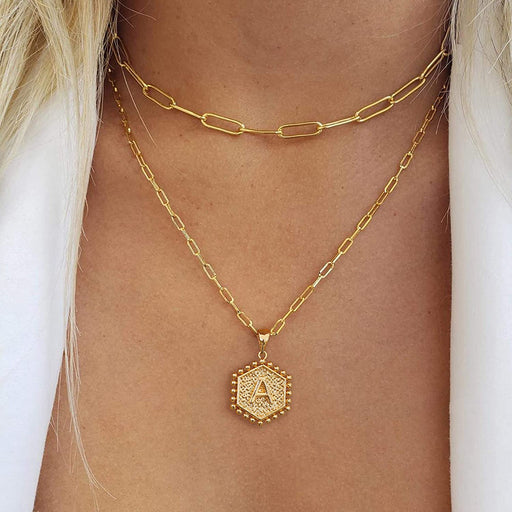 Dainty Layered Initial Necklaces for Women Trendy, 14K Real Gold Plated Paperclip Chain Necklace Cute Hexagon Letter Pendant Initial Choker Necklace Gold Layered Necklaces for Women