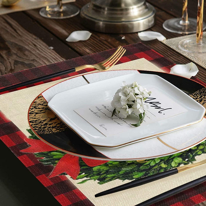 Pfrewn Christmas Holly Leaf Red Buffalo Plaid Placemats Set of 6 Table Mat Xmas Winter Place Mat Double-Sided Print 12" X 18" Dining Home Kitchen Table Decoration