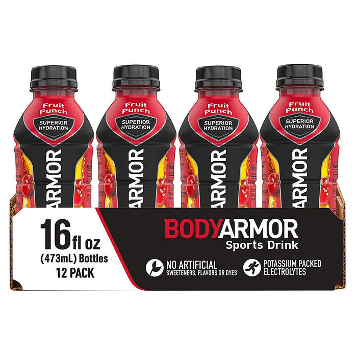 BODYARMOR Sports Drink Sports Beverage, Fruit Punch, Natural Flavors with Vitamins, Potassium-Packed Electrolytes, Perfect for Athletes, 16 Fl Oz (Pack of 12)
