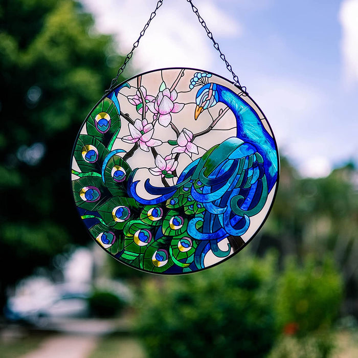 12" Garden Peacock Handmade Painted Stained Glass Wall Window Decorative Hangings Suncatcher Panel with Chain