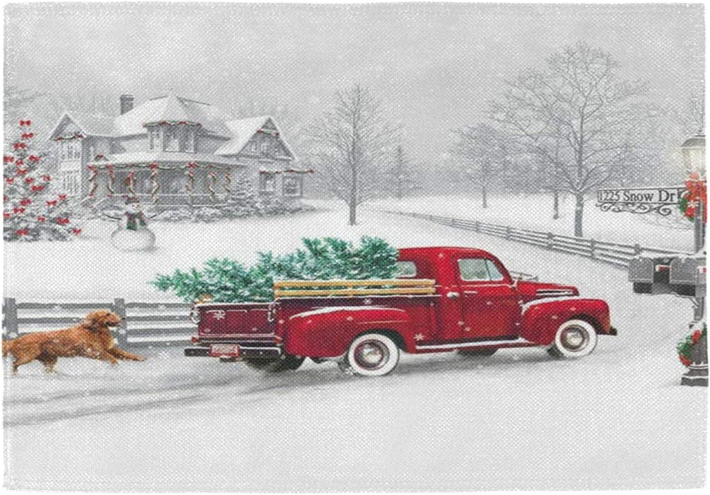 Pfrewn Winter Red Truck Dog Snow Placemats Set of 6 Table Mat Christmas Snowflake Place Mat Double-Sided Print 12" X 18" Dining Home Kitchen Xmas Table Decoration