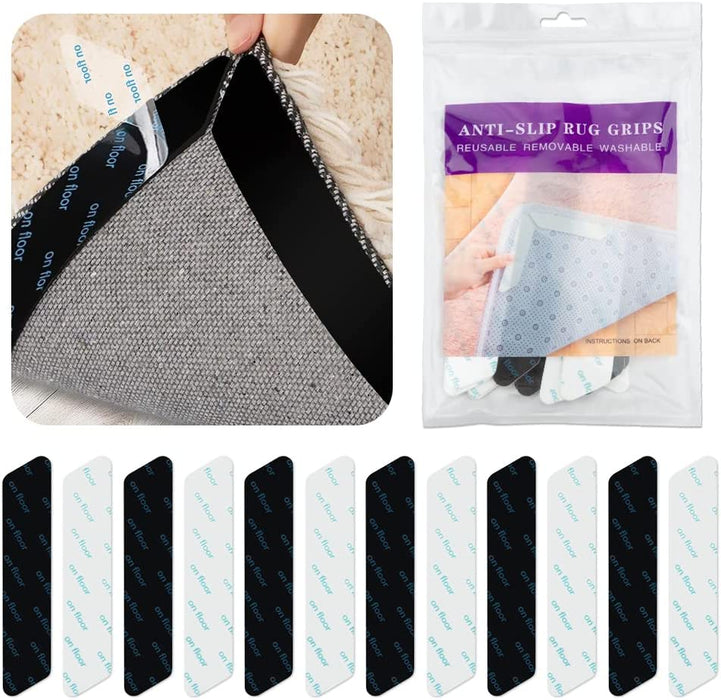 12 Pcs Rug Gripper Tape, Reusable Washable Carpet Tape, Non-Slip Rug Pads, Dual Sided Adhesive Rug Pad Gripper for Area Rugs