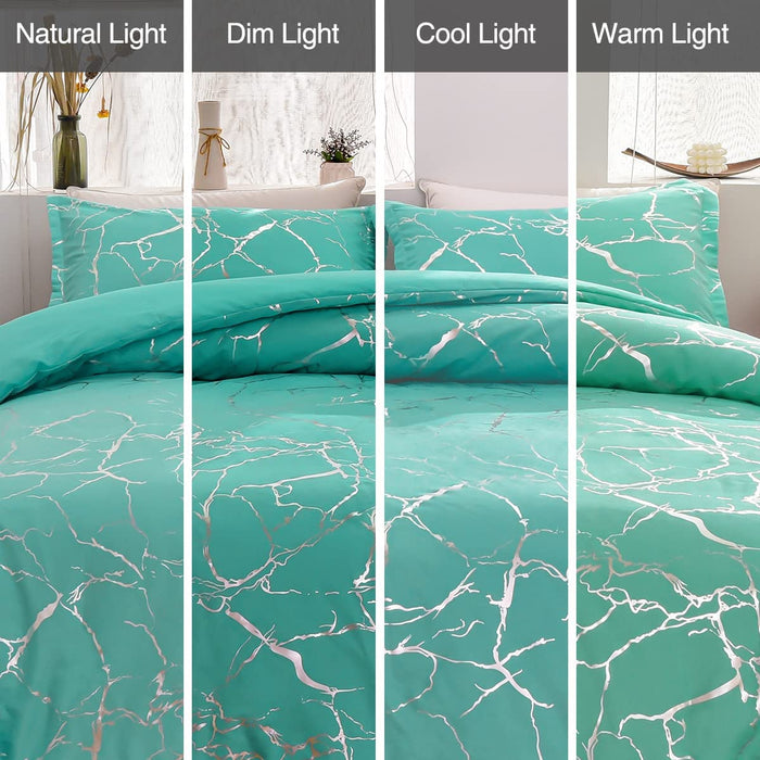 Silver Metallic Marble Comforter Set Queen Size Foil Print Glitter Bedding Set, Aqua/Silver