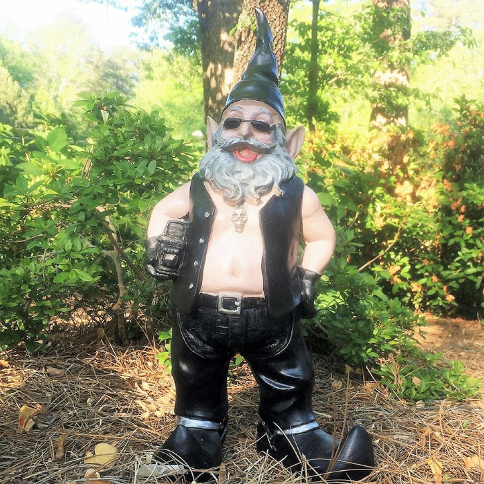 Homestyles "Biker Dude" the Biker Gnome in Leather Motorcycle Riding Gear Holding His Saddlebag Home & Garden Extra Large Outdoor Statue 20"H