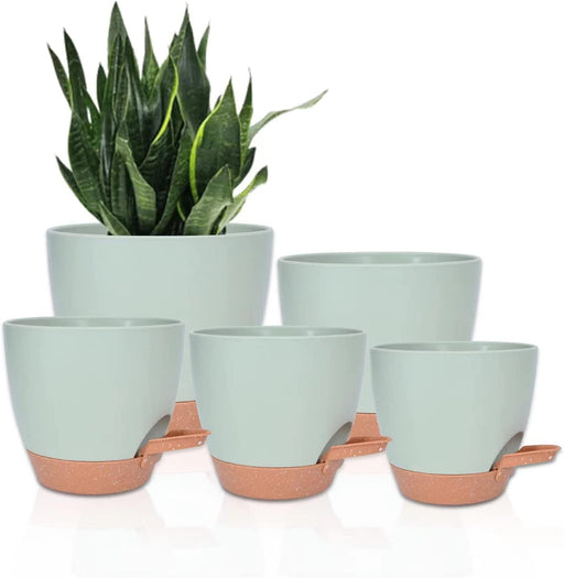 Plant Pots 7/6.5/6/5.5/5 Inch Self Watering Planters for Indoor Plants with Drainage Hole, Nursery Planting Pot Plastic Flower Pot for Succulents, African Violet (Green)