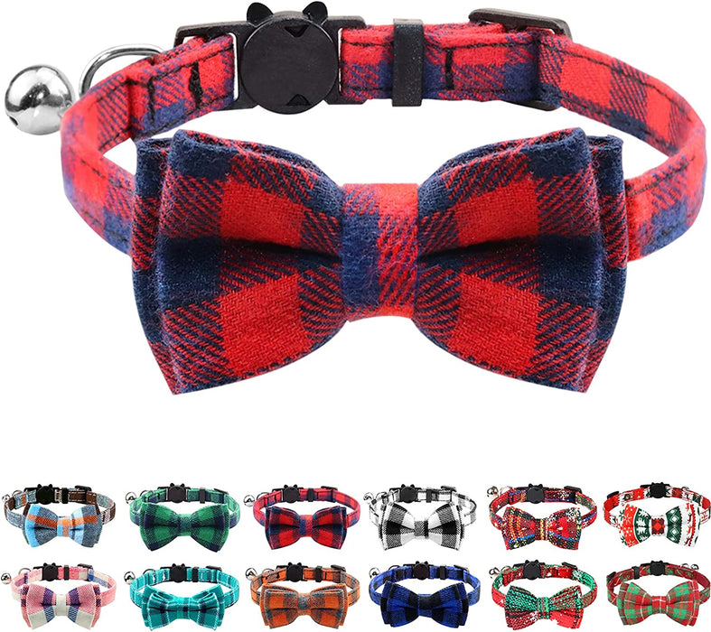 Breakaway Cat Collar with Cute Bow Tie and Bell, Plaid Patterns, 1 Pack Girl Boy Kitty Safety Collars, Blue