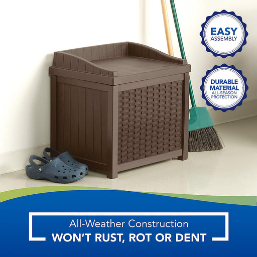 22-Gallon Small Deck Box - Lightweight Resin Indoor/Outdoor Storage Container and Seat for Patio Cushions, Gardening Tools and Toys - Store Items on Patio, Garage, Yard - Mocha Wicker