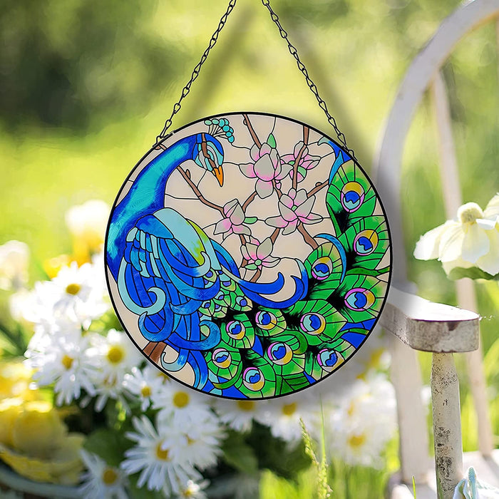 12" Garden Peacock Handmade Painted Stained Glass Wall Window Decorative Hangings Suncatcher Panel with Chain
