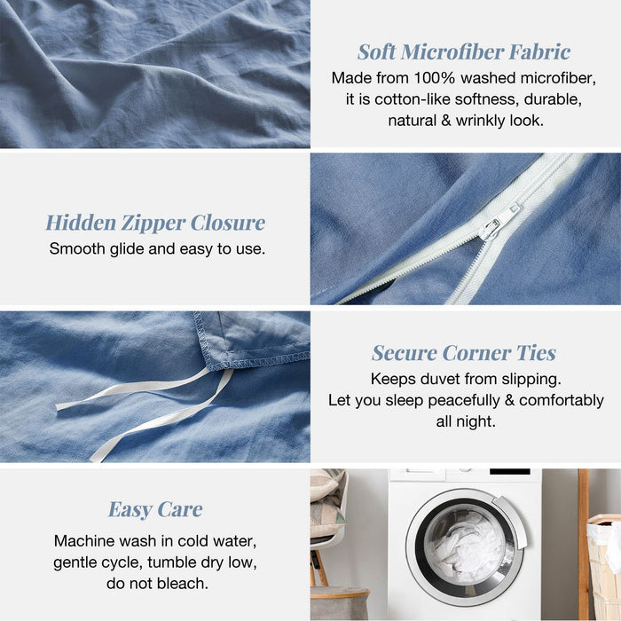 Super Soft Duvet Cover - 100% Washed Microfiber Light Denim Comforter Cover Set 3 Pieces Queen Size Bedding Set with Zipper Closure & Corner Ties