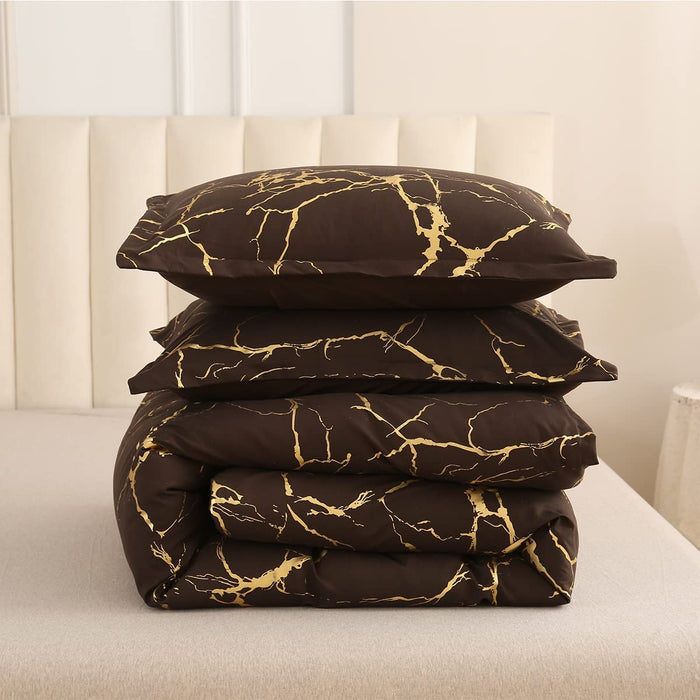 Gold Metallic Marble Comforter Set Queen Size Foil Print Glitter Bedding Sets,Coffee/Gold,Queen