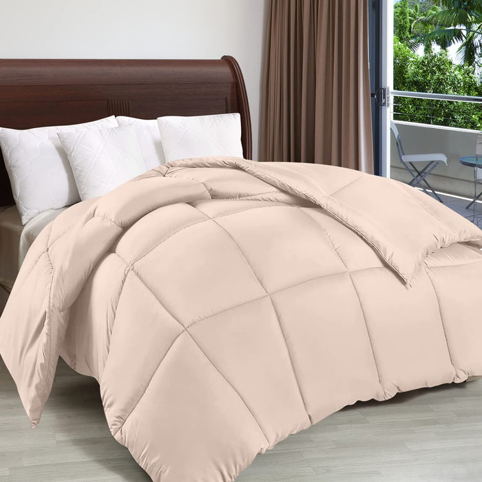 Comforter Duvet Insert - Quilted Comforter with Corner Tabs - Box Stitched down Alternative Comforter (Queen, Beige)