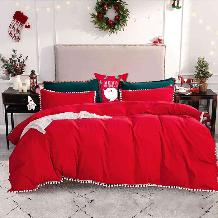 Christmas Comforter Set Queen Size, 3 Piece Boho Bed Set, All Season Microfiber down Alternative Bedding Comforter with 2 Pillow Shams for Teens Girls Women, Red with White Pom