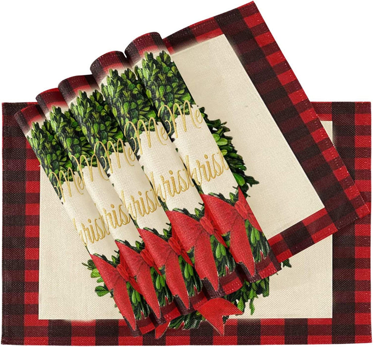 Pfrewn Christmas Holly Leaf Red Buffalo Plaid Placemats Set of 6 Table Mat Xmas Winter Place Mat Double-Sided Print 12" X 18" Dining Home Kitchen Table Decoration