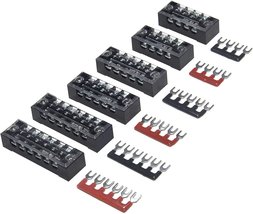 Terminal Block and Strip - 12Pcs (6 Sets) 4 Positions Dual Row 600V 25A Screw Terminal Strip Blocks with Cover + 400V 25A 4 Positions Pre-Insulated Terminals Barrier Strip Black & Red