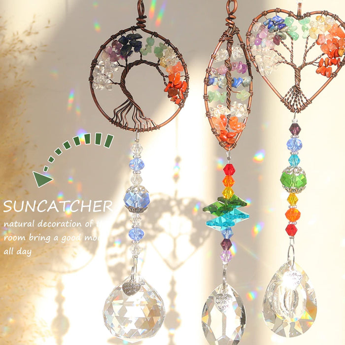 3Pcs Crystal Suncatchers for Windows Hanging Tree of Life Sun Catchers Decor with Prisms for Car, Chakra Feng Shui Decor for Home, Pack of 3