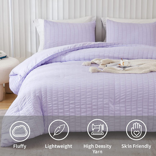 Lavender Purple Seersucker Queen Comforter Set(90X90 Inches),3 Pieces-100% Soft Washed Microfiber Lightweight Comforter with 2 Pillowcases, All Season down Alternative Comforter Set for Bedding