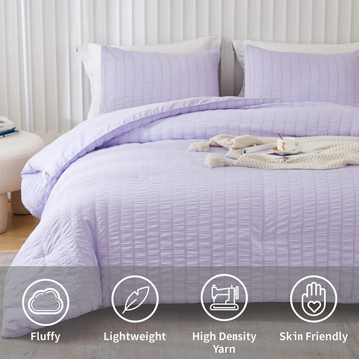 Lavender Purple Seersucker Queen Comforter Set(90X90 Inches),3 Pieces-100% Soft Washed Microfiber Lightweight Comforter with 2 Pillowcases, All Season down Alternative Comforter Set for Bedding