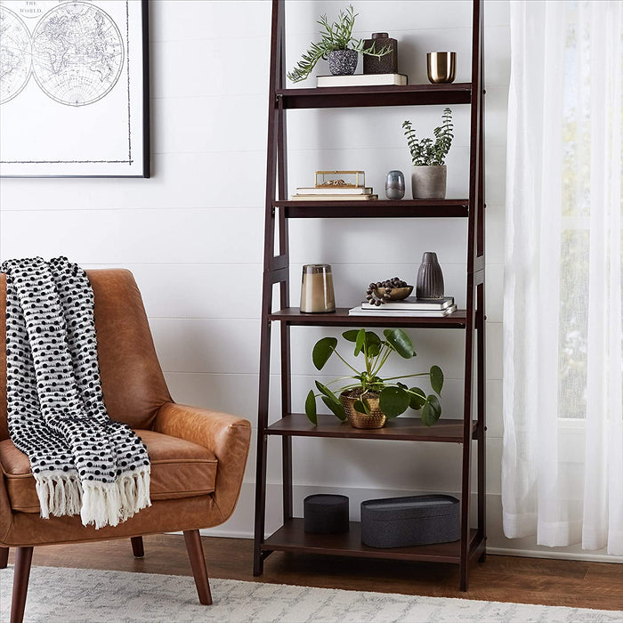 Modern 5-Tier Ladder Bookshelf Organizer, Solid Rubberwood Frame - Espresso Finish