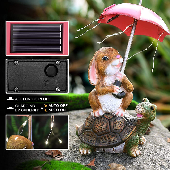 Solar Garden Statue Outdoor Decor, Rabbit Siting on Turtle Holding an Umbrella with String Lights, Easter Bunny Statue for Patio, Lawn, Yard Art Decoration, Housewarming Garden Gift