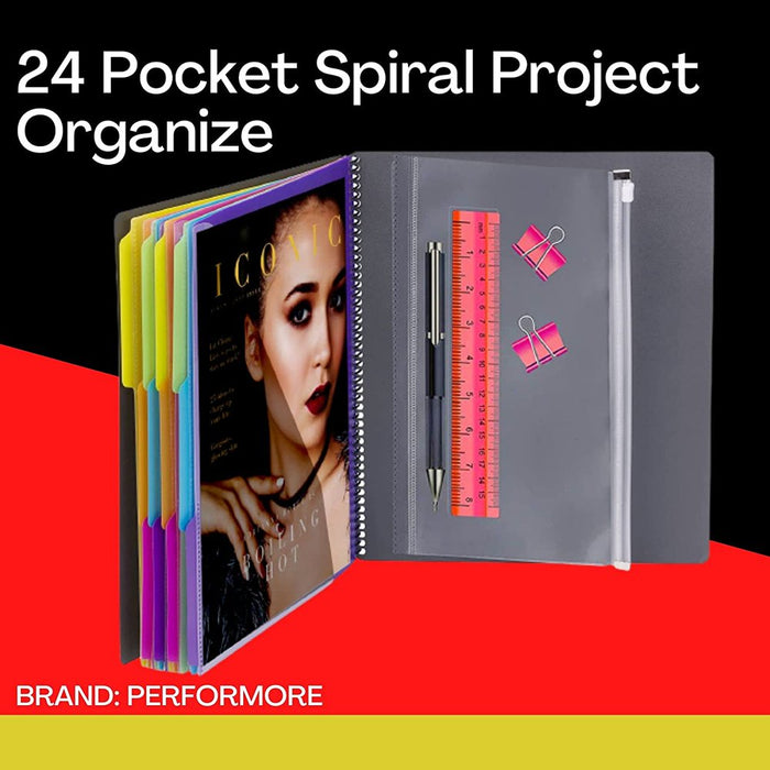 24 Pocket Spiral Project Organizer with 12 Dividers, Fits 8.5" X 11" Letter Size Papers Folder Organizer Binder with Front Cover and Customizable Cover, Erasable Write on Tabs for Documents Files