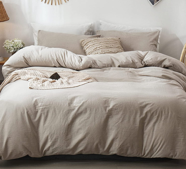 Bedding Duvet Cover Set 100% Washed Cotton Linen like Textured Breathable Durable Soft Comfy (Tannish Linen Grey, Queen)