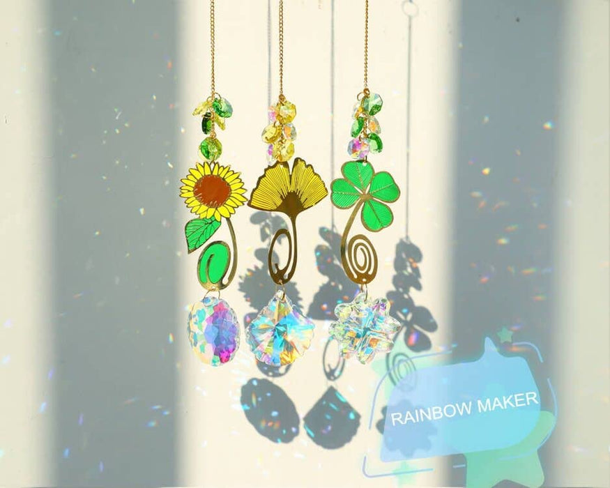 Hanging Crystal Suncatchers Prism, Glass Window Decorations, Rainbow Maker Wind Chime Sun Catcher, Sunflower&Clover&Ginkgo Leaf