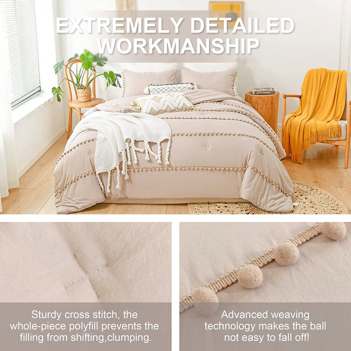 Taupe King Comforter Set Boho Bedding,Pom Pom Bohemian Bed Comforter King Bedding Set Lightweight 3 Pieces